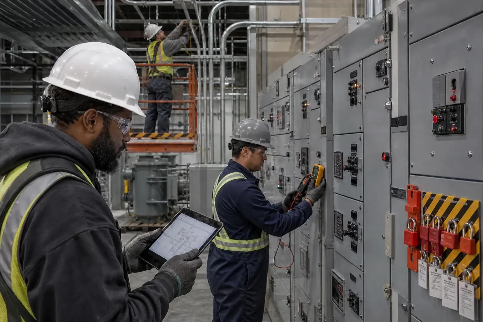 Electrical contractors commissioning commercial switchgear