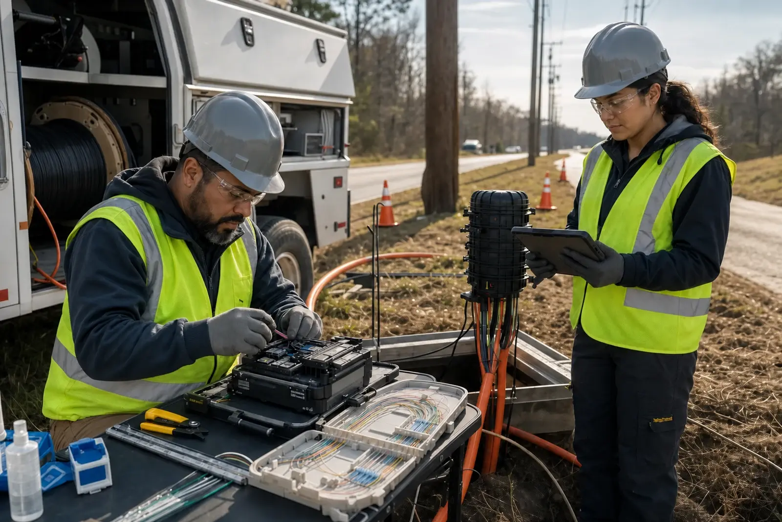 Fiber technicians splicing outside-plant cable at a roadside handhole