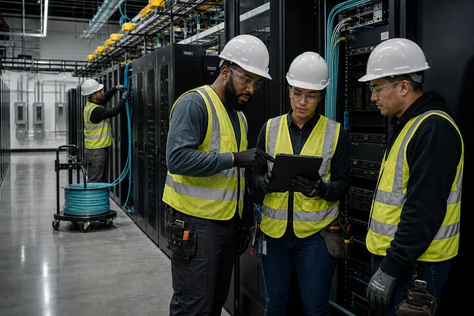 Authorized installation crew working inside a controlled data center environment