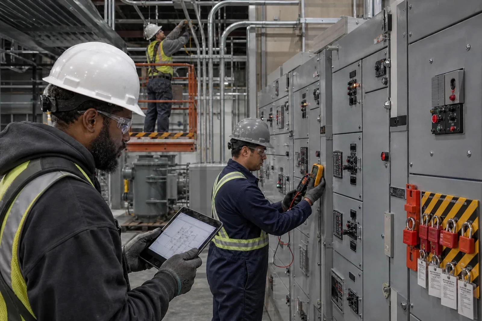 Electrical supervisors reviewing installation progress in the field