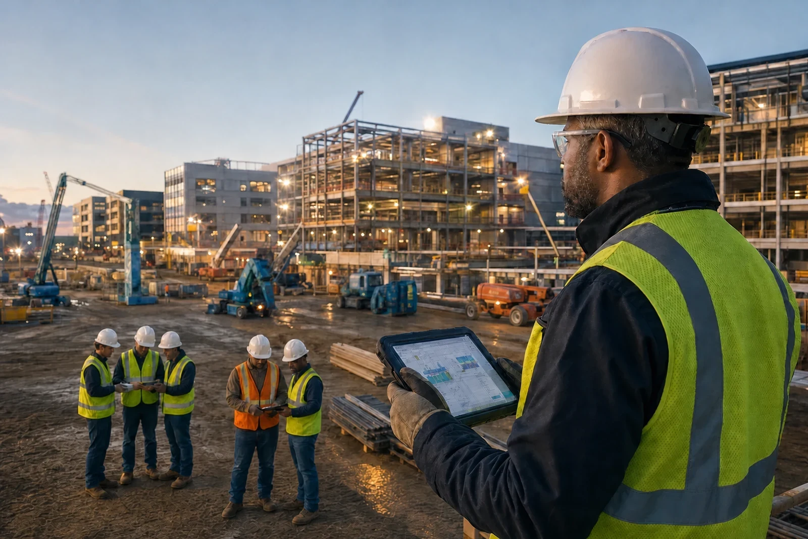 Field operations leader reviewing crew activity at an active construction site